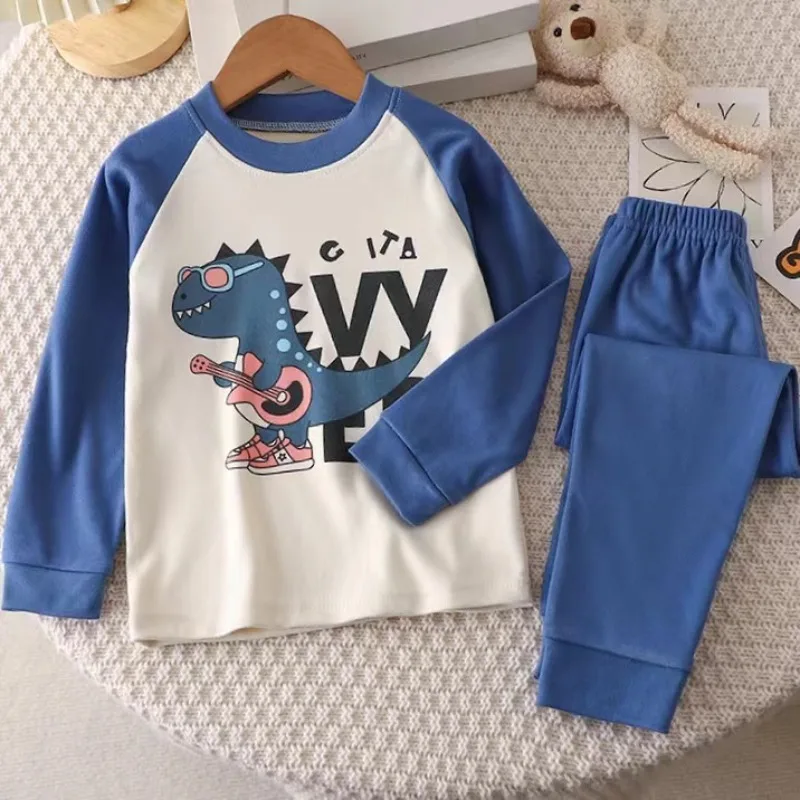 Boys Girls Autumn Warm Pajamas Sets Baby Cute Cartoon Print Long Sleeve T-Shirt Tops + Pants Pyjamas Kids Casual Sleepwear