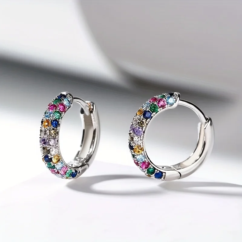 Fashion Sparking Colored Synthetic Zirconia Inlaid Silvery Plated Hoop Earrings for Women Concise Party Festival Jewelry Crafts