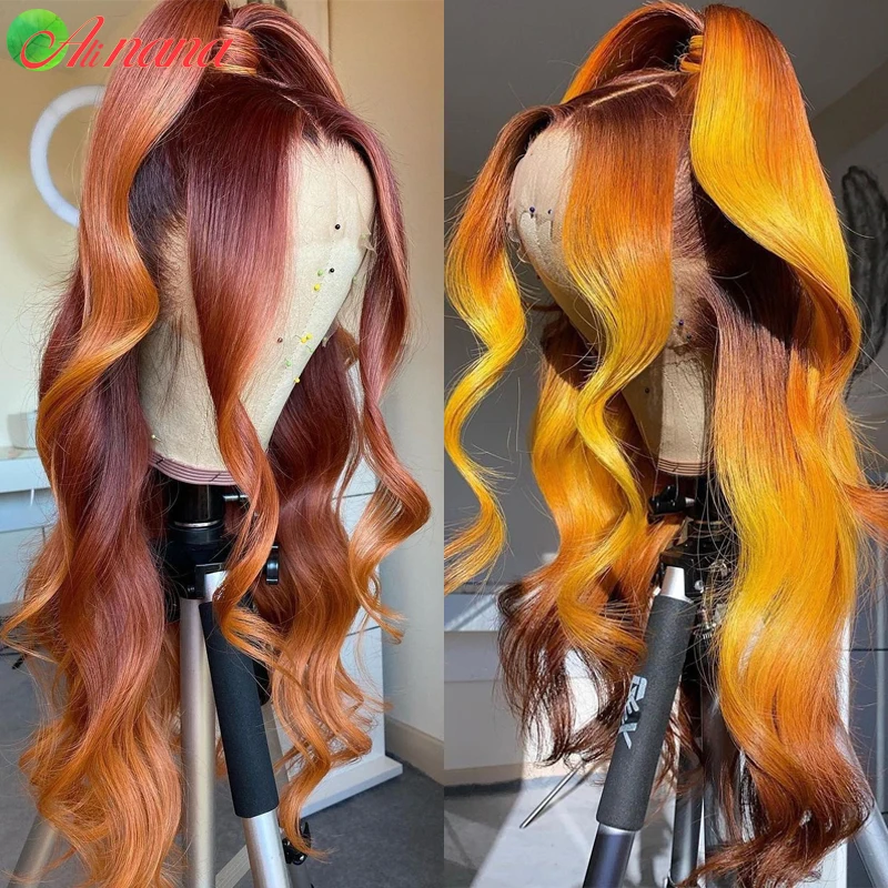 Ombre Yellow Orange Red Colored Human Hair Wigs 13x4 Lace Front Wig Body Wave HD Lace 13x6 Lace Frontal Wigs For Black Women