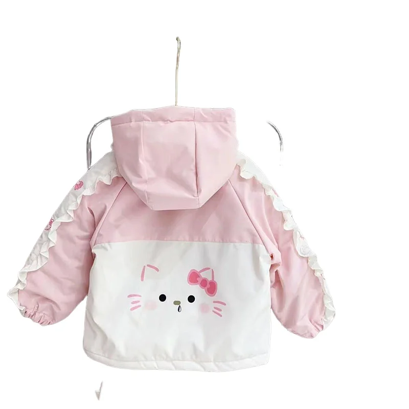 Hello Kitty Girls Cotton Jacket Cartoon Cute Warm Thickened Ballet Style Embroidered Splicing Cotton Jacket Sweet Comfortable