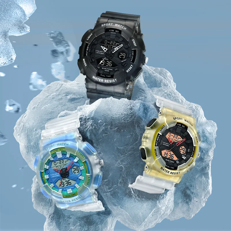 ساعة Timeartx 4370 LED الرقمية الإلكترونية المقاومة للماء، ساعة رياضية رجالية عصرية للأعمال، حزام مطاطي شفاف