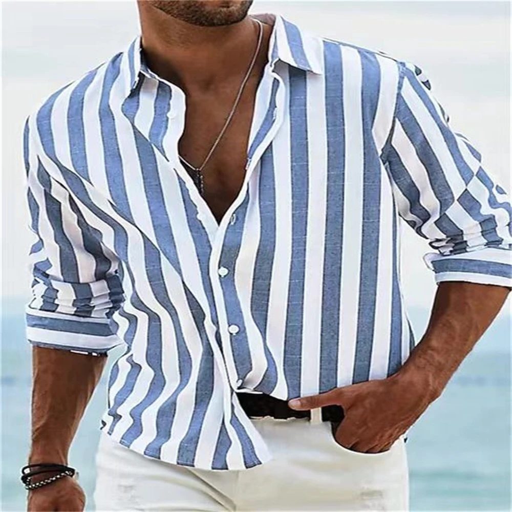 Men\'s ShirtsCasualVacationShoppingOfficeOfficeStreetwearLapel Striped Long Sleeve Shirt XS-6XL