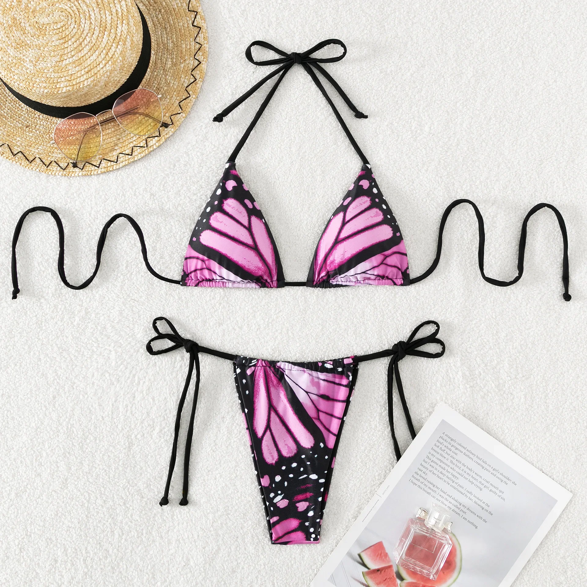 Sexy Women Butterfly Print Halter String Micro Bikini Sets Two Pieces Swimsuit Swimwear Bathing Suit Beach Outfits Biquini