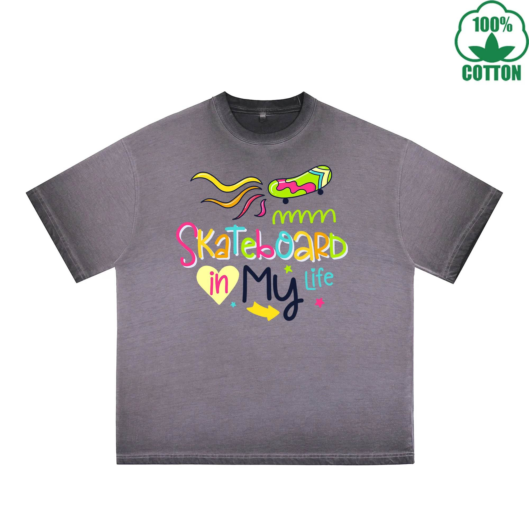 

Skateboard In My Life Printed Dirty WashT-Shirt 230G Multicolor Loose Trendy Fashionable 100%Cotton Short Sleeve Top