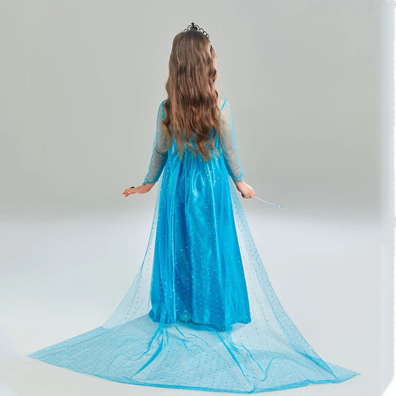 Girls Elsa Inspired Frozen Princess Costume Dress Blue Tulle Gown With Long Train For Halloween Birthday Party Role Play view 5
