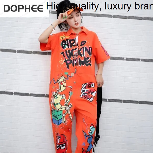 Women Tide Brand Clothes 2023 New Summer Hip Hop Printing Short Sleeve Overalls Loose Casual Jumpsuits Long Trousers Streetwear