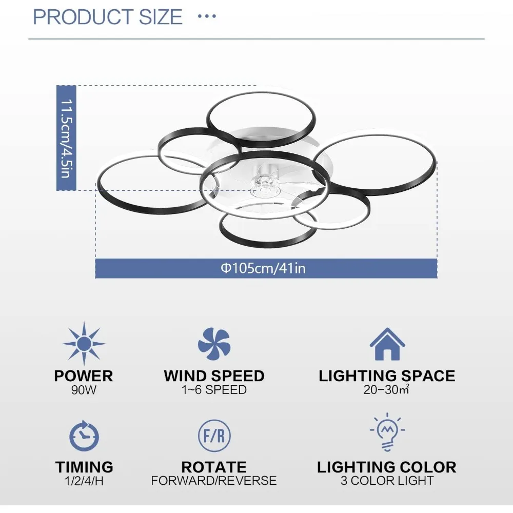 41-Zoll-moderner Deckenventilator mit Licht, Unterputzventilator mit LED-Licht und Fernbedienung für Wohnzimmerleuchte, Wind mit 6 Geschwindigkeiten