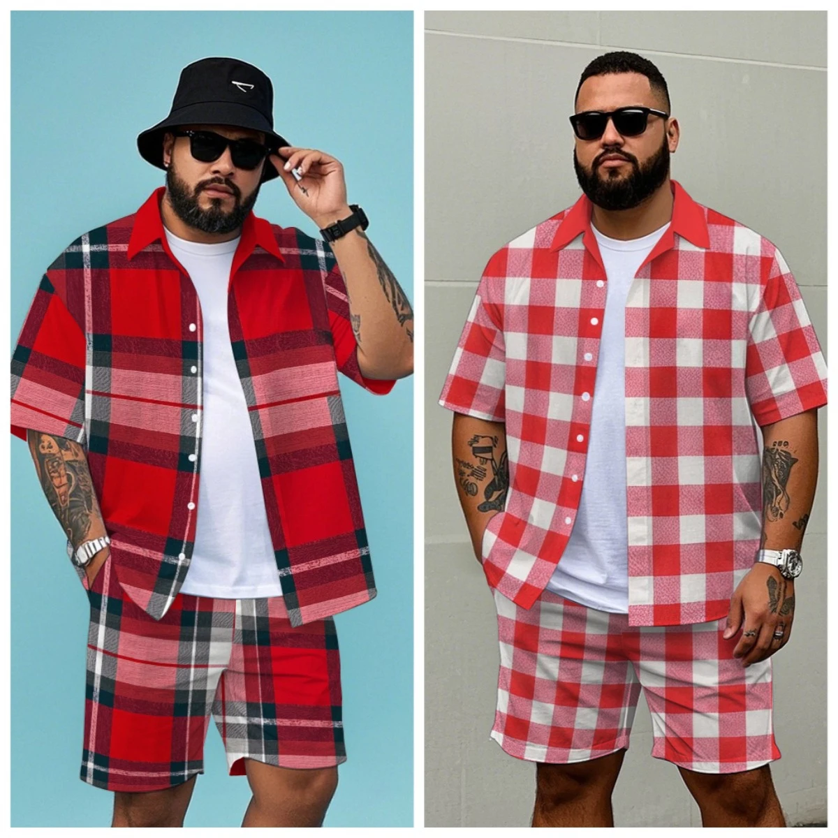 

S-9XL Big and Tall Men Classic Red Gingham Plaid Shirt Shorts Set Multi-Color Casual 2-Piece Outfit