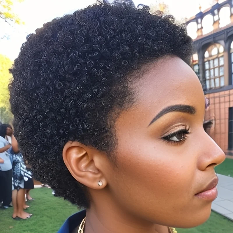 4inch Kinky Curly Machine Made Short Pixie Wigs Human Hair for Women | Pre-Styled Natural Look & Tangle-Free