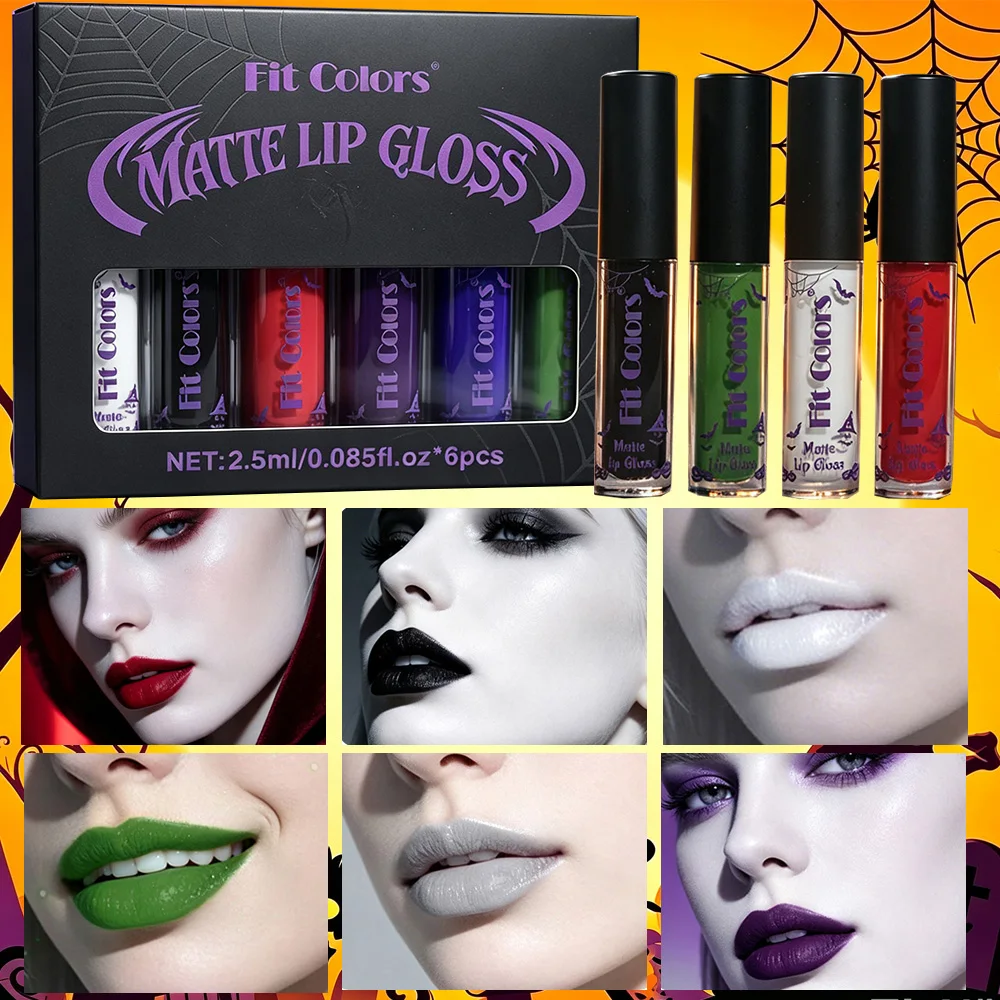 Halloween matte lip gloss set, long-lasting makeup, easy to apply, Gothic dark makeup look