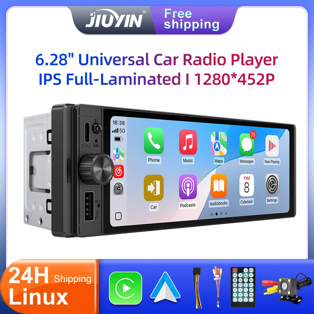 JIUYIN 1Din  6.28'' Wireless CarPlay Android Auto IPS Touch Screen Universal Car Radio FM Stereo MP5 Multimedia GPS Player