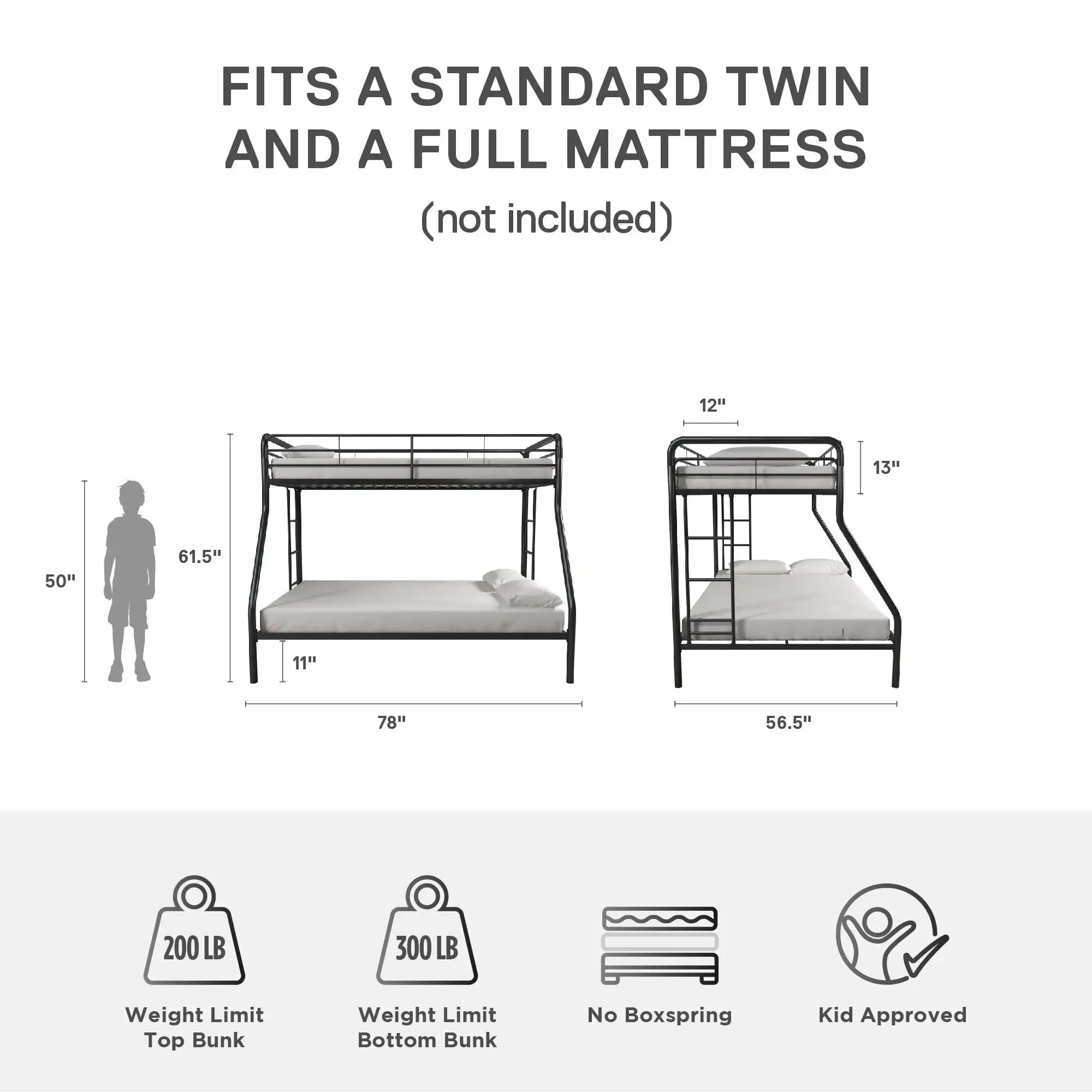 Dusty Twin over Full Metal Bunk Bed with Secured Ladders Black All-metal bunk bed with fixed ladder Mattresses are not included