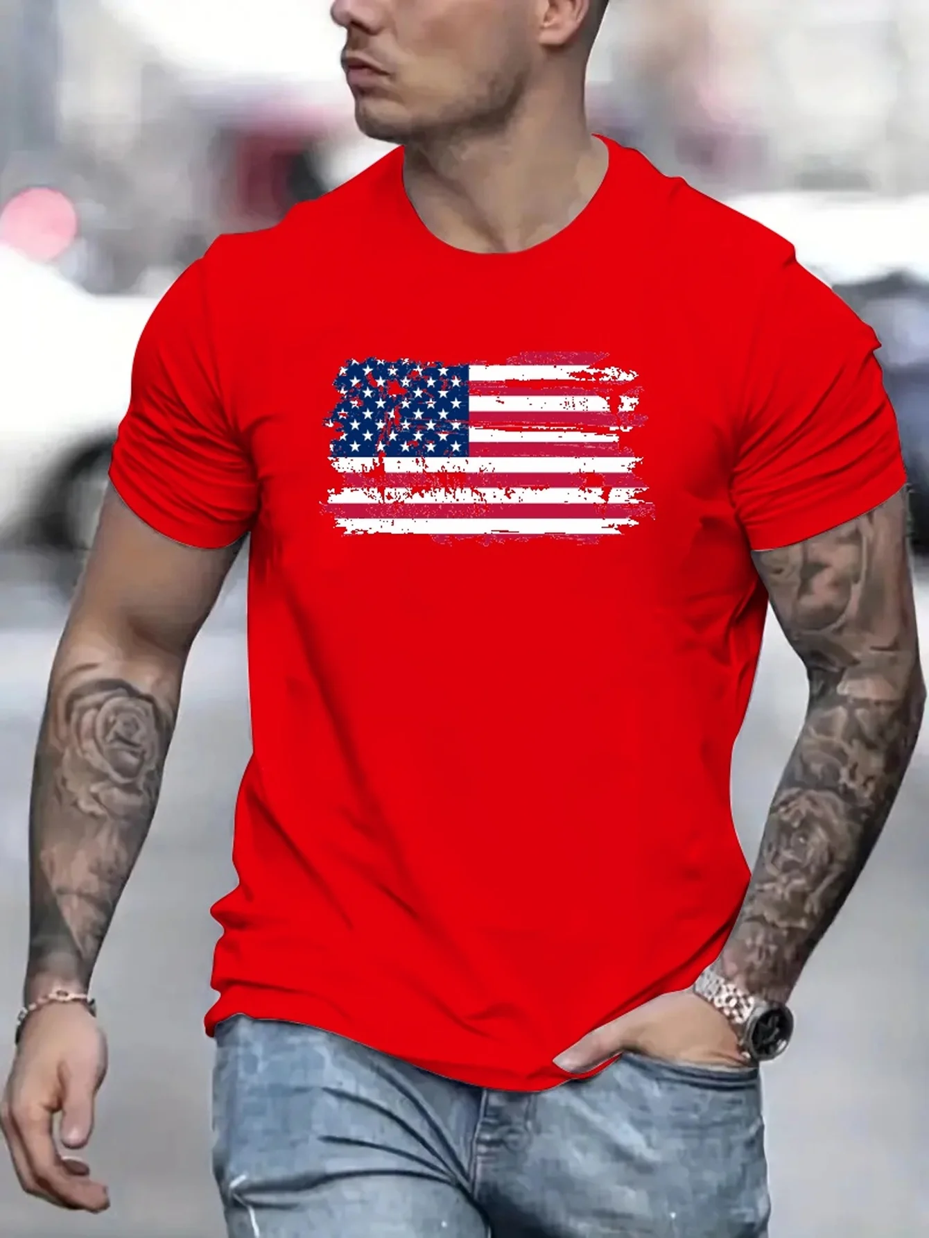 American Flag Men\'s Vintage T-shirt For Summer Outdoor, Casual Mid Stretch Crew Neck Tee Short Sleeve Graphic Stylish Top