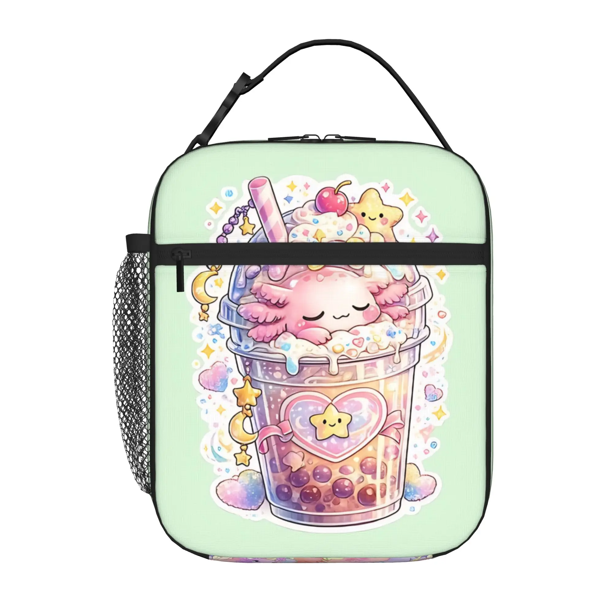 1 Piece Zipper Closure Kawaii Bubble Tea Sticker Storage Bag Pocket Axolotls School Lunch Food Box Reusable For Lunch Food Bag