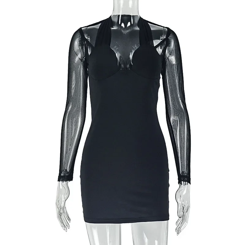 Women Sexy See Through Mesh Patchwork Long Sleeve Halter Bodycon Mini Dress V Neck Slim Hipster Night Clubwear Party Outfits