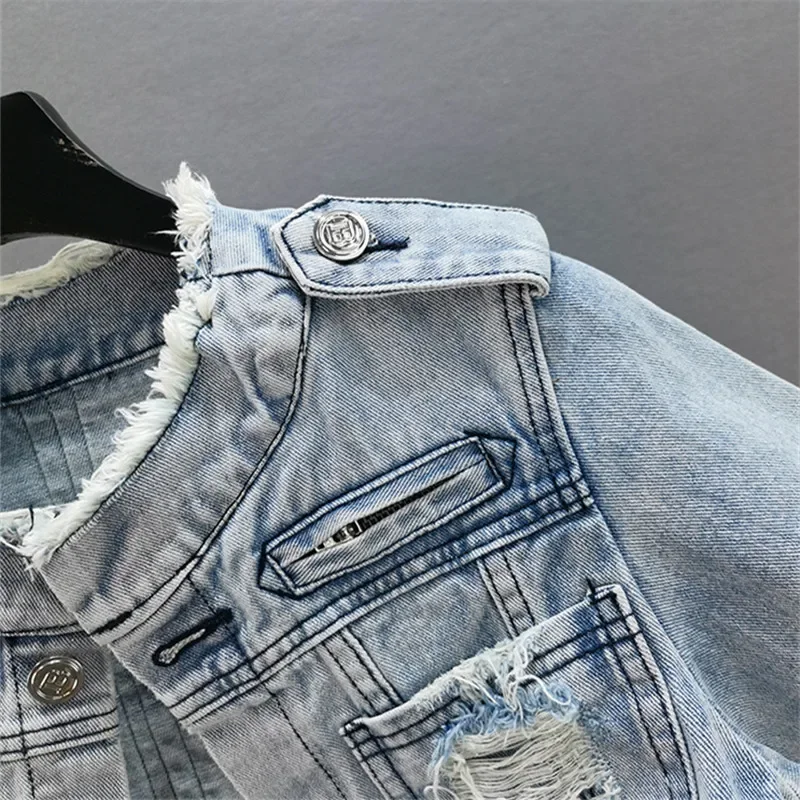 

Spring Autumn Korean Frayed O Neck Denim Jackets Women Casual Cowboy Outerwear Slim Short Holes Big Pocket Jeans Jacket Female