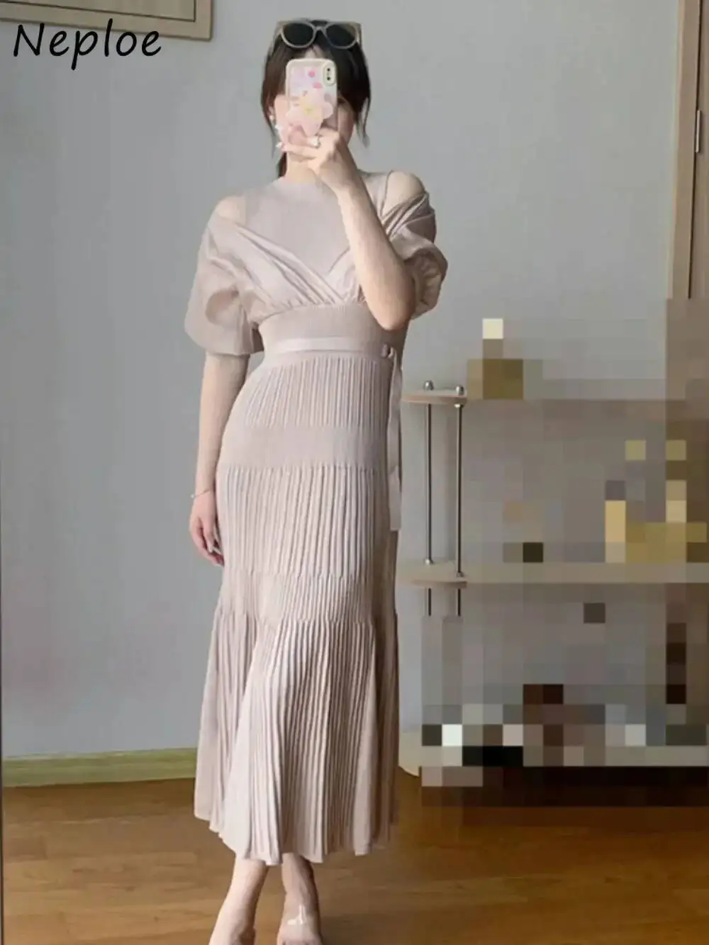 새로운 O 넥 퍼프 슬리브 니트 셔츠 드레스 패치 워크 슬림 벨트 맞춤형 가운 일본 Pleated Literary Off shoulder Mujer