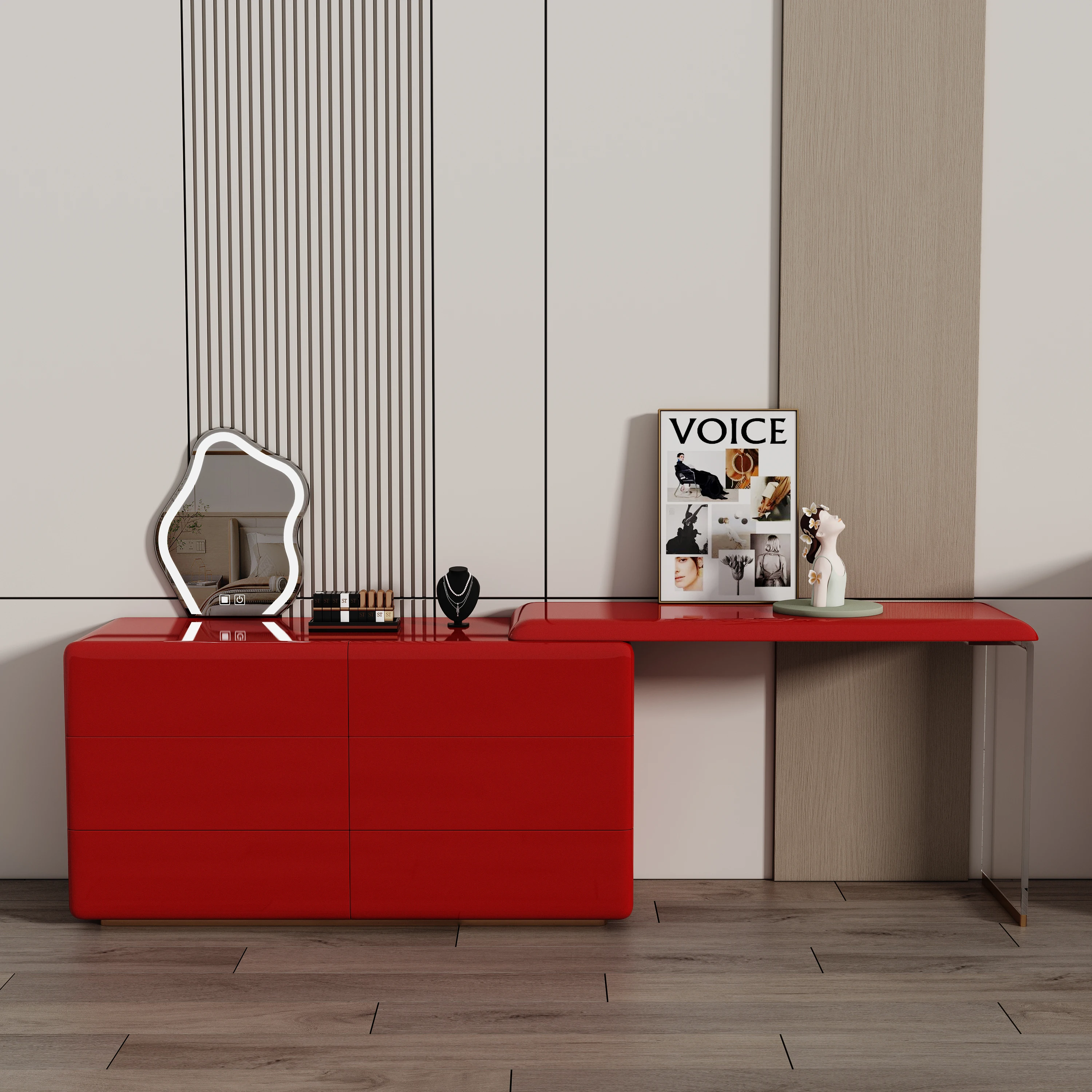 

Modern Minimalist Dressing Table With Lighted LED Mirror Stylish Design For Dresser Use In Dressing Room Makeup And Storage