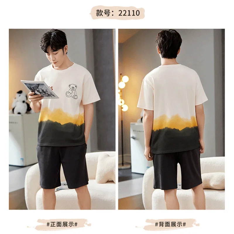 Large Size Soft Cotton Summer Pajamas Men's Crtoon Short Sleeve Sleepwear Loose Loungewear Suit Home Clothes Can Be Worn Outside