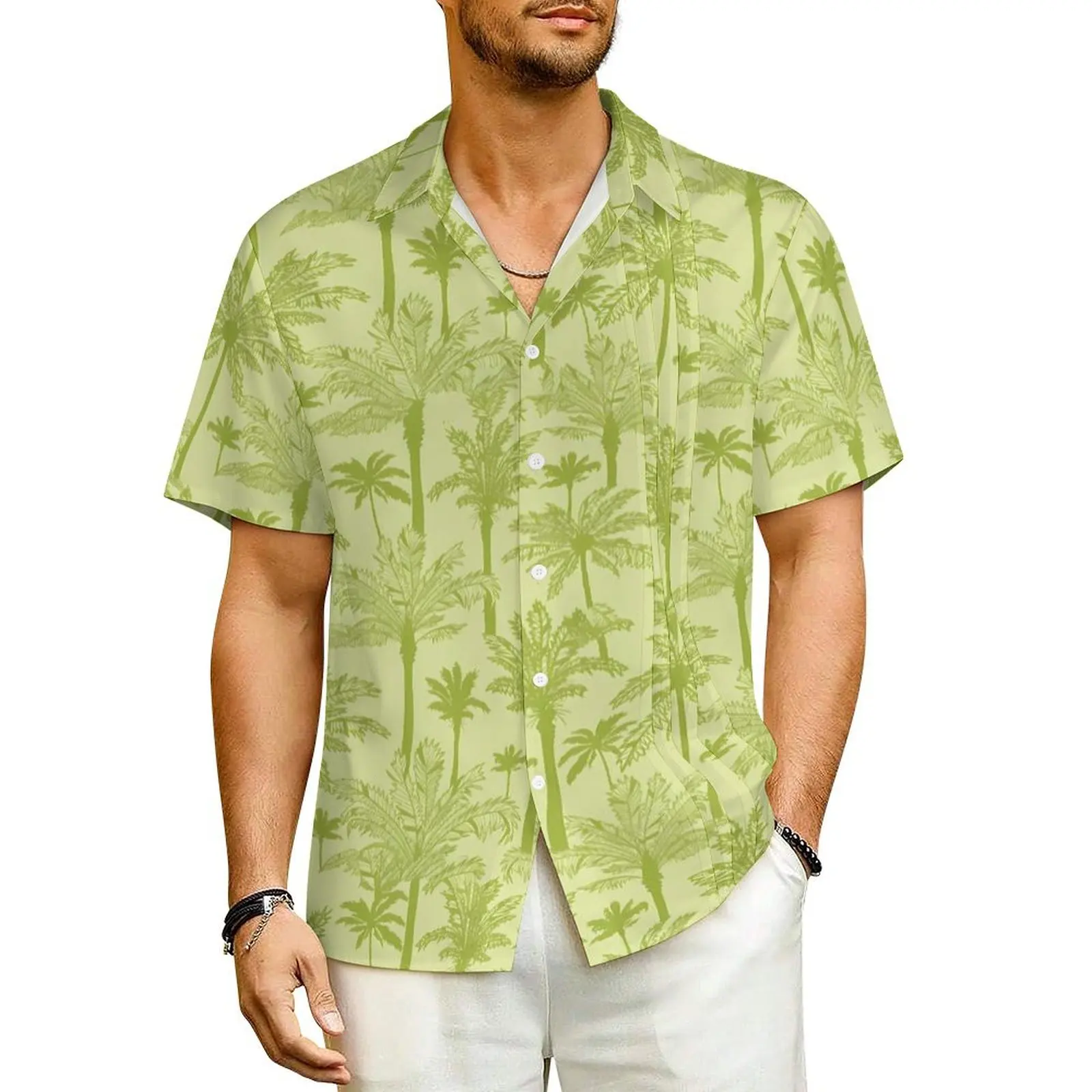 

Green Palm Trees Vacation Shirt Men Coconut Tree Retro Casual Shirts Hawaiian Short Sleeve Breathable Graphic Oversized Blouses