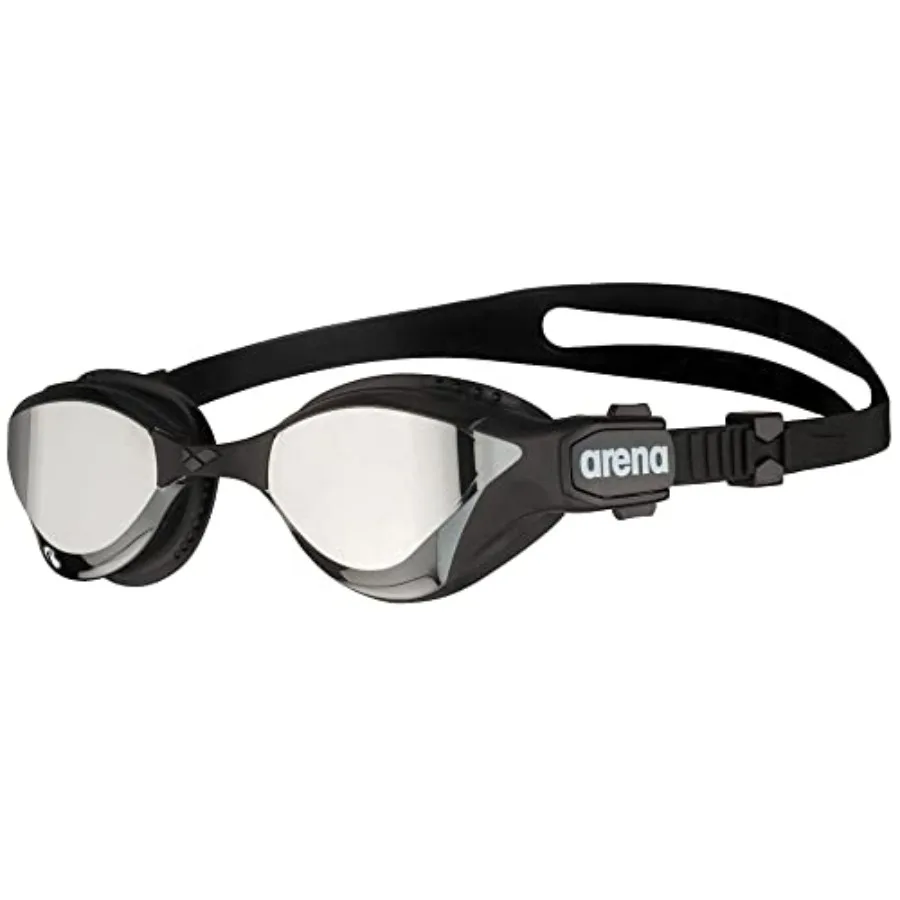

Triathlon and fitness swimming goggles for adults, polycarbonate lens with anti-fog coating, black frame with silver mirror len