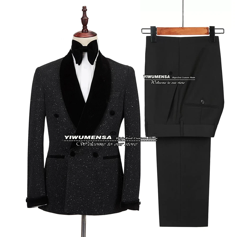 Glitter Red Sequins Mens Suits Groom Wedding Tuxedo Double Breasted Blazer Formal Business Prom Dress 2 Pieces Traje De Hombre