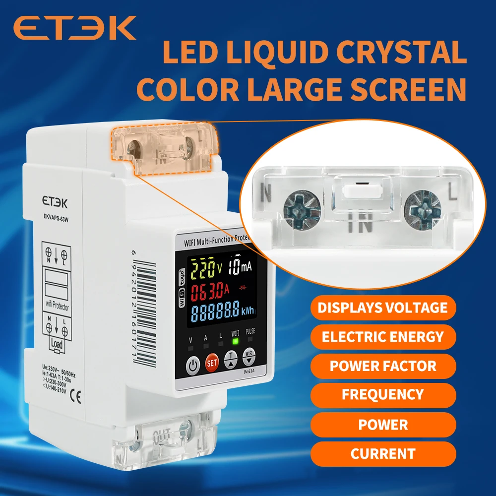 ETEK Single-phase V/A Over/Under Voltage Protector, Leakage Protection Device, Instrument Function, LCD * Intelligent Control
