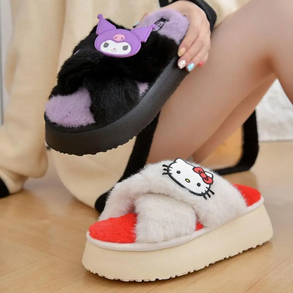 Kuromi Hello Kitty Plush Slippers My Melody Cinnamoroll Kawaii Pochacco Warm Indoor Slippers Flat Non-Slip Cute Girls Home Shoes