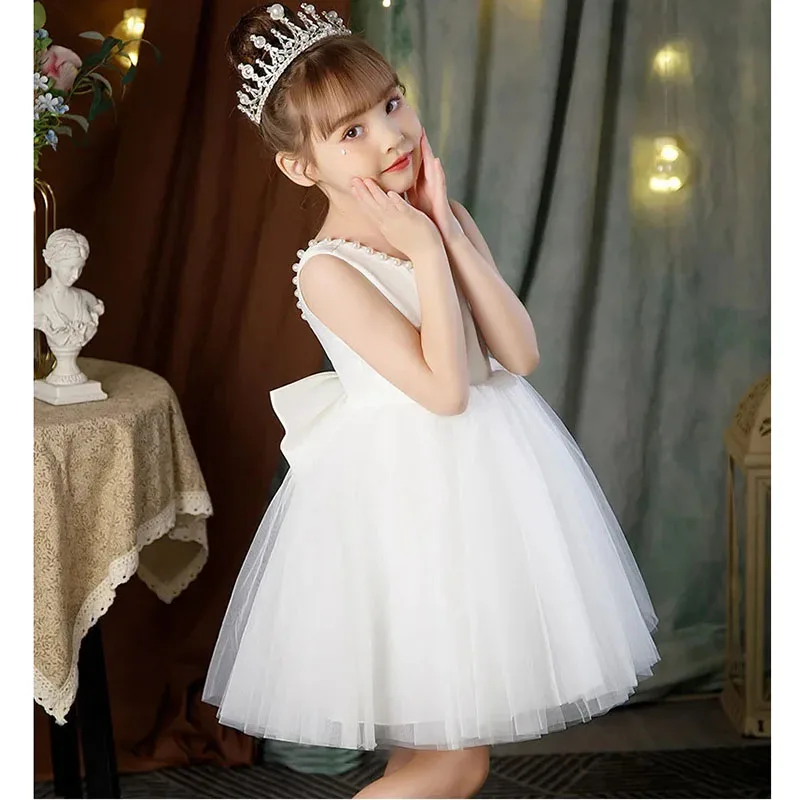 New Girls Princess Dress Summer Tulle Big Bow Girls Wedding Dress Piano Performance Costume Host Costume 2-14 Years Kids Clothes