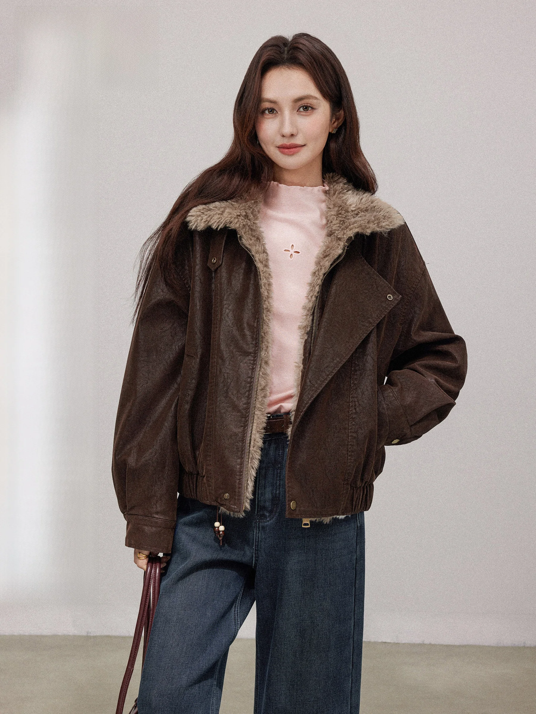 Jaet de couro Thiened feminino outono inverno Faion gola motociclista Sle cor café quente casual solto ajuste zíper Clo...