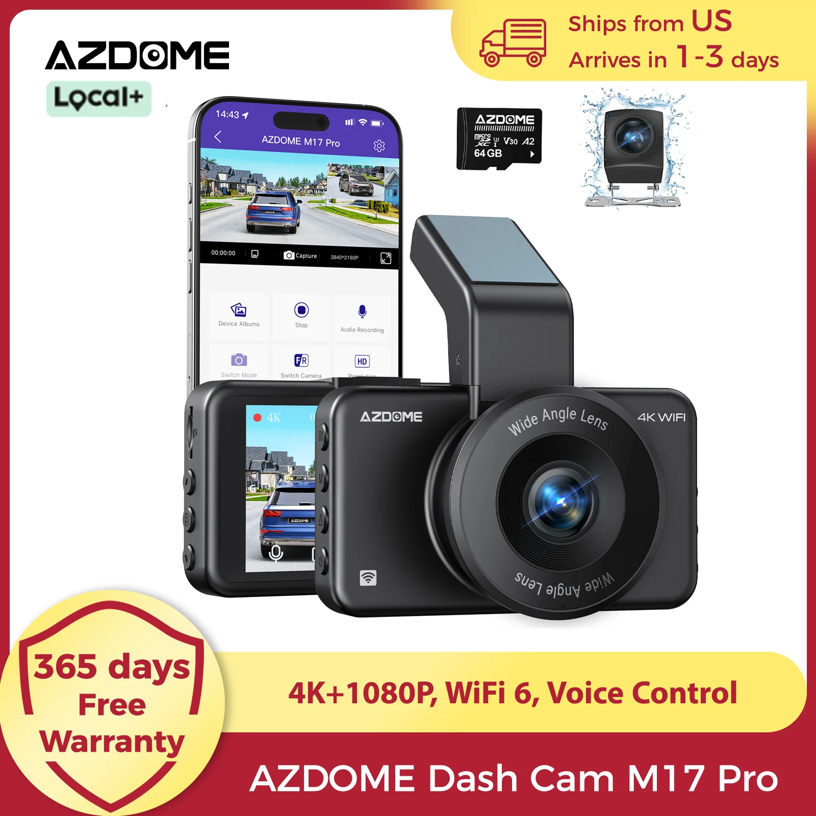 

AZDOME Dash Cam M17 Pro 4K+1080P Передняя и задняя видеорегистратор для автомобилей WiFi 6 ADAS Автомобильный видеорегистратор с голосовым управлением 24 часа Режим парковки Loop Rec