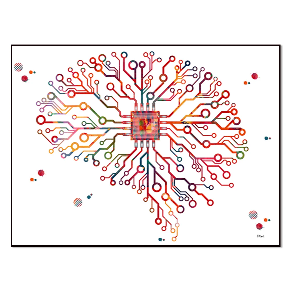 Abstract Brain Circuit Board Art Poster - Cerveau with Neuron Connections AI Watercolor Impressions Neuroscience Graphic Design