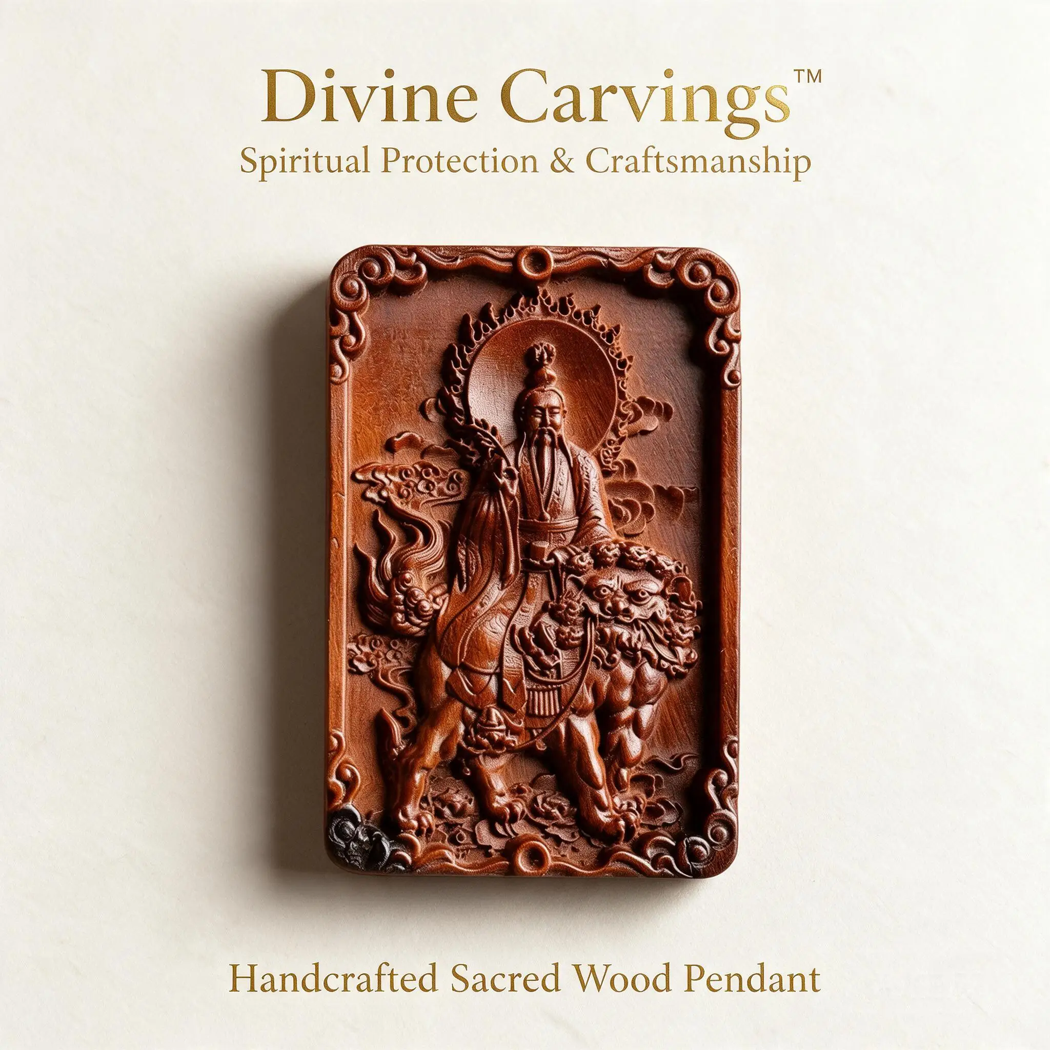Hand Carved Thunder Struck Jujube Wood Wu Shi Plaque Taoist Deity Double Sided Feng Shui Luck Wealth Blessing Protection Pendant