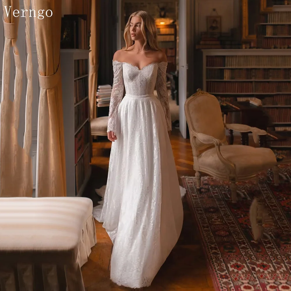 

Verngo lvory Lace Bridal Gowns Royal Princess Slim Wedding Dress Women Off The Shoulder Full Sleeves Bridal Dresses Customized