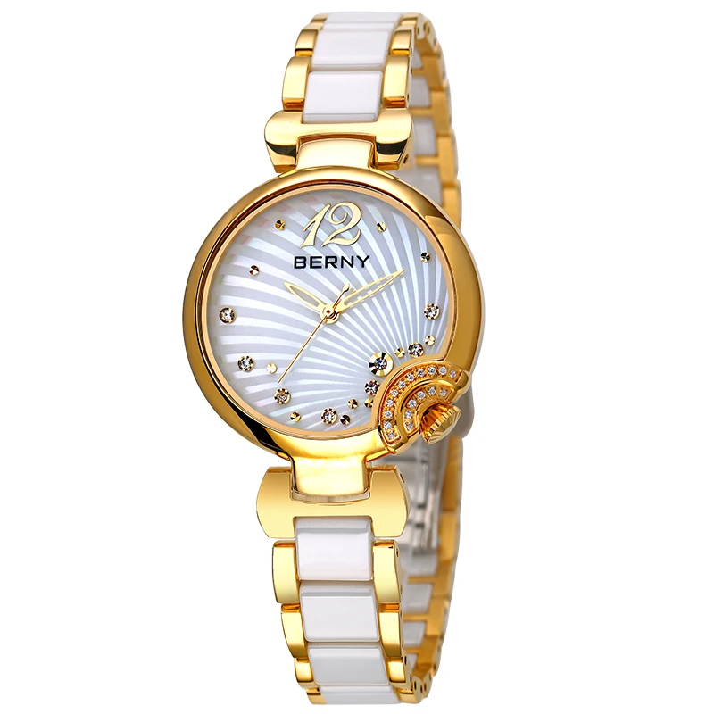 BERNY Lady Quartz Watch Woman Ceramic Bracelet Butterfly Buckle Waterproof Stainless Steel Watches Fashion Relogio Feminino Gift