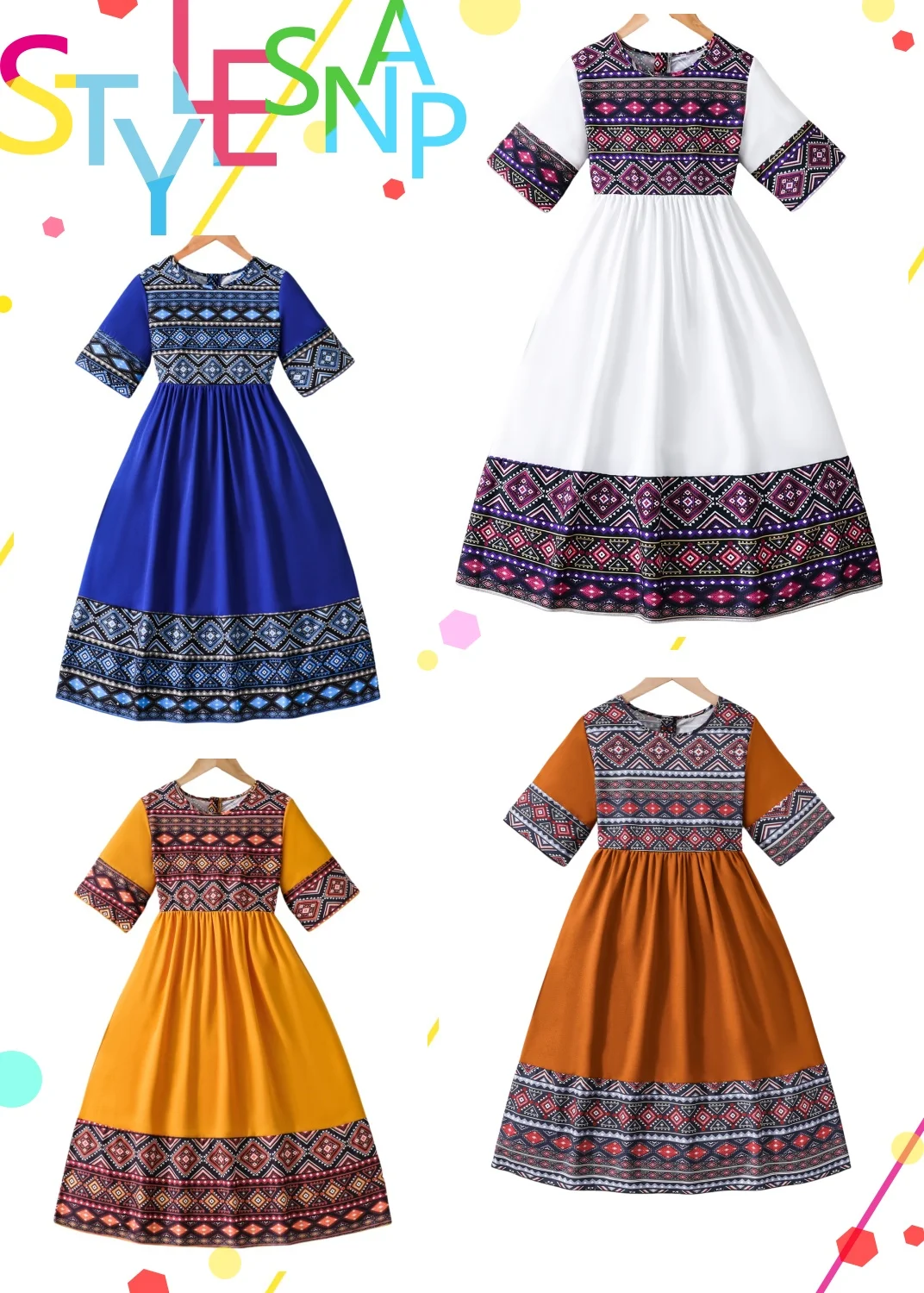 Summer children girls ethnic style patchwork dress Fashion retro simple layer clear cool comfortable slimming white dress