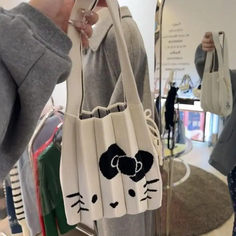 New Kawaii Sanrio Anime Knitted Handbag Cute Hello Kitty Cartoon Ins Fashion Large Capacity Elastic Pleated Bag Gifts for Girls