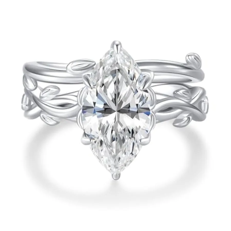 

4CT Moissanite Marquise Engagement Ring Set for Women, Vintage Vine D Color VVSI 14K Plated Promise Wedding Band, Bridal Festiv