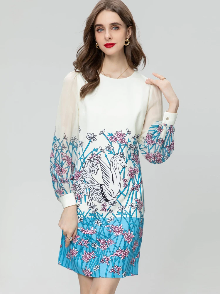 Women's Runway Dresses O Neck Printed Long Sleeves Zipper Closure Fashion Casual Vestidos