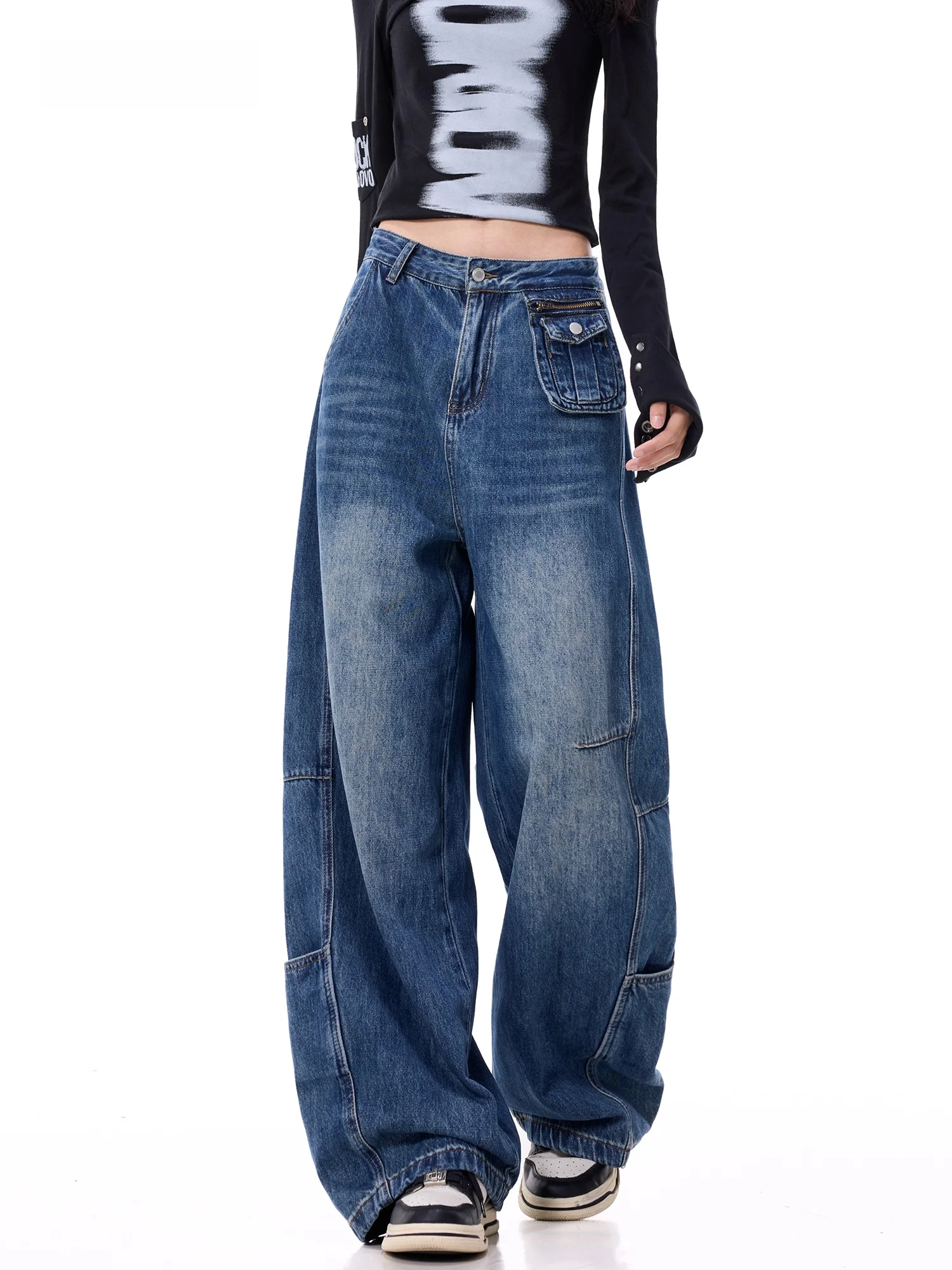 High Waist Wide Leg Denim Jeans Casual Loose Drapey Floor-Length E.D.X Personalized Pocket Workwear Vintage Blue