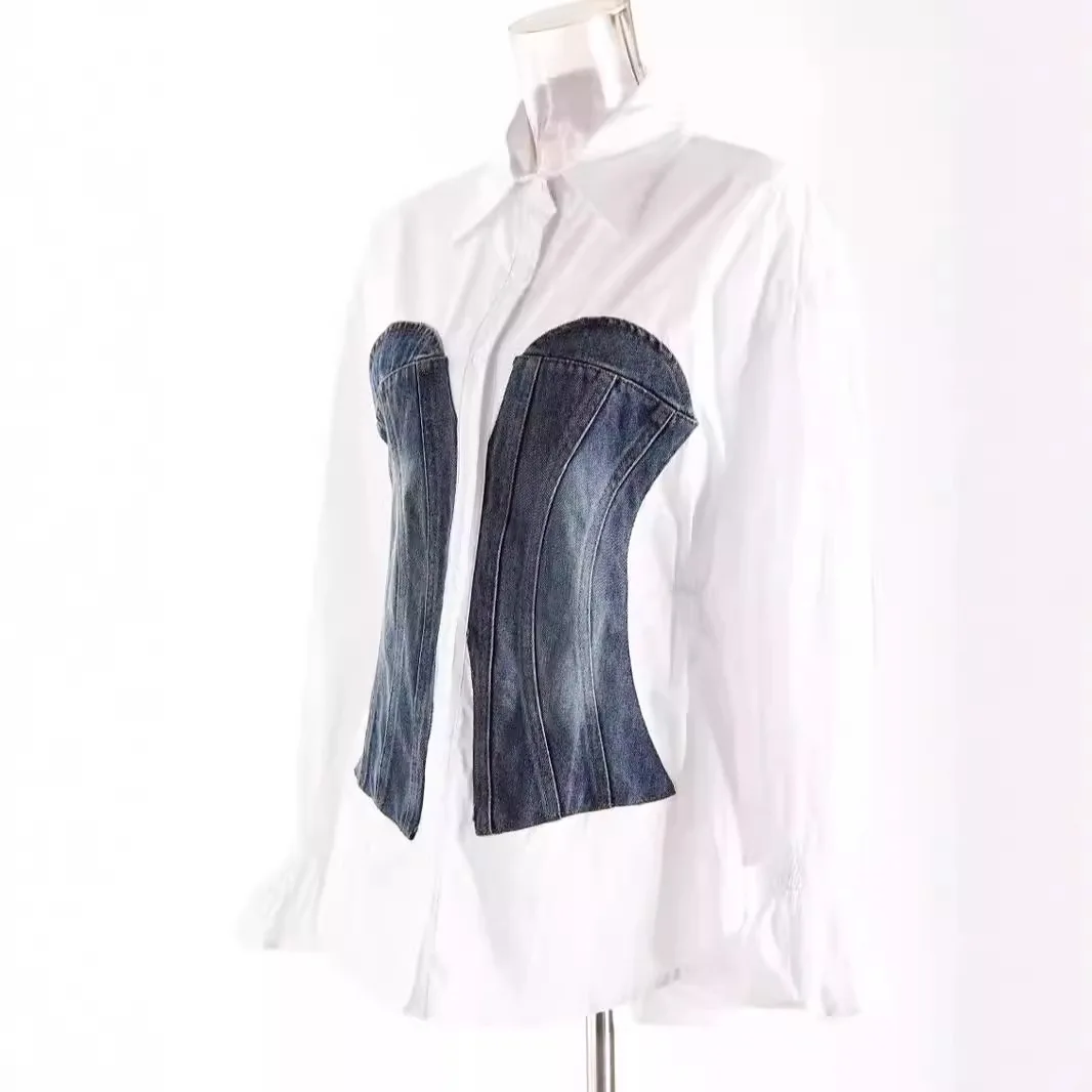 Ladies' niche design fake two-piece shirt 2025 new quality contrasting color splicing denim fake waist cinching slimming shirt