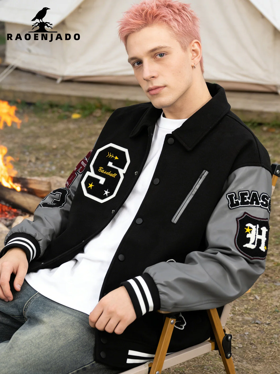 Men\'s Varsity Jacket Faux Leather Sleeve Vintage Motorcycle Coat Bomber Lapel Collar Spring/Autumn Lertterman Outdoor Menswear