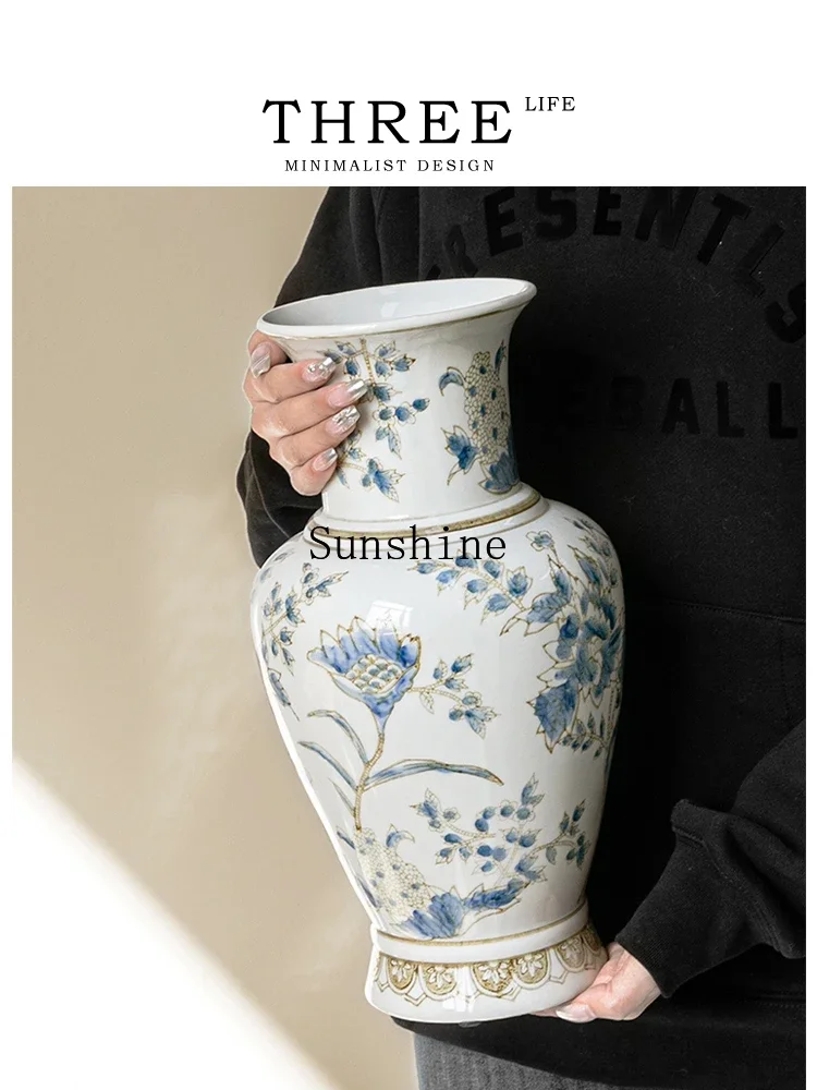 Vase new Chinese blue and white ceramics living room ancient rhyme ornament antique entrance