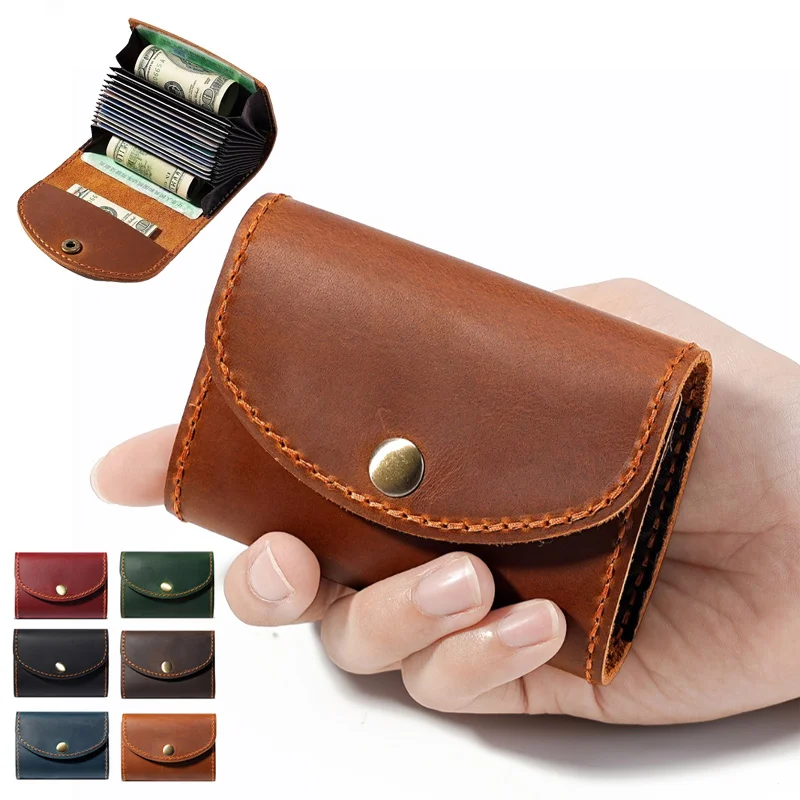 

Держатель для карт в стиле аккордеона для мужчин и женщин, 12 отделений, большая вместимость, из кожи Crazy Horse, кошелек для визиток, держатель для удостоверений личности с кнопкой-защелкой