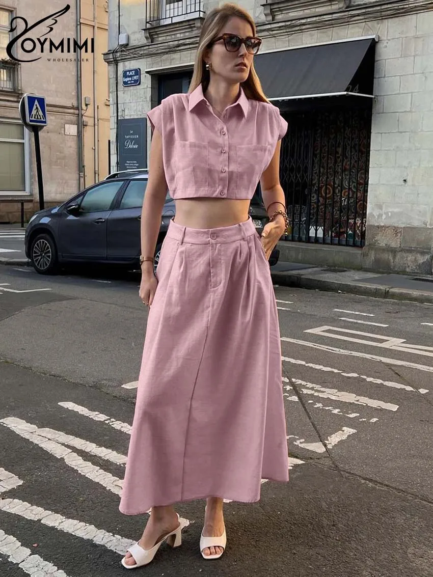 Oymimi Casual Pink Cotton Hemp Sets Womens 2 Piece Fashion Sleeveless Pockets Crop Shirts And Simple Ankle-Length Skirts Sets