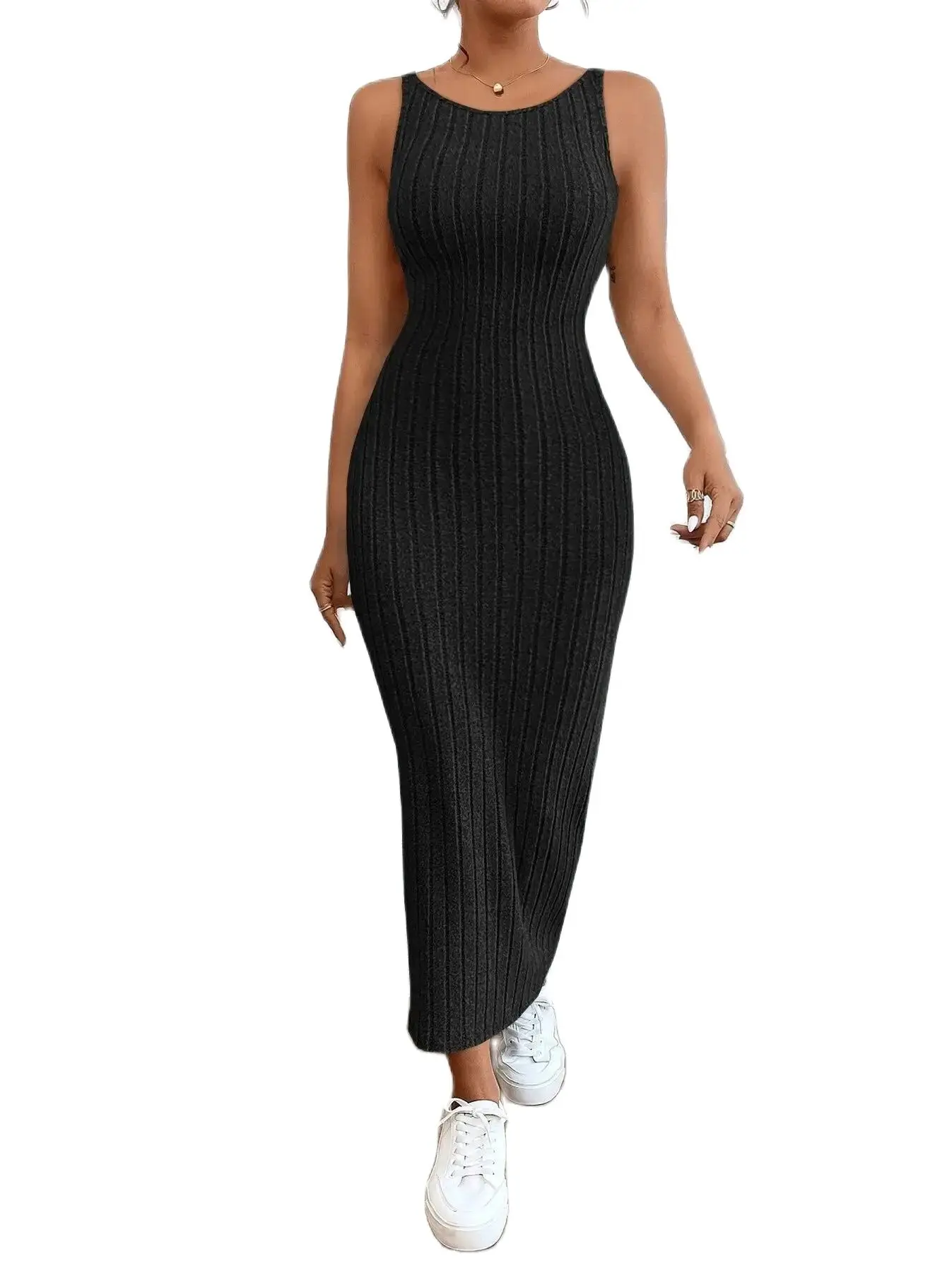 

New Sleeveless Suspender Long Dress Sexy Solid Backless Tank Bodycon Wrapped Butt Collection Fitted Size Waist Knitted Dress