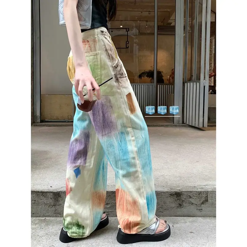 

Euro-America Style Coloured Drawing Jeans Summer New Style High Waist Loose Wide-leg Pants Straight-leg Fashion