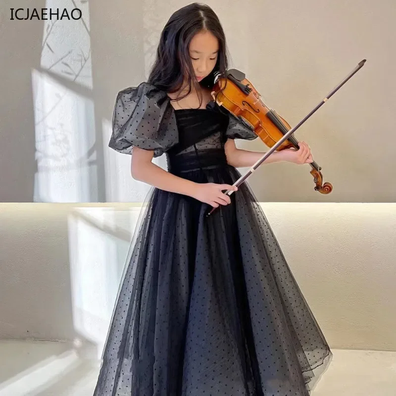 2025 Girl Evening Dress Elegant Black Vintage for Kids Puff Sleeve Gowns Teenages Party Dresses Children Violin Performance