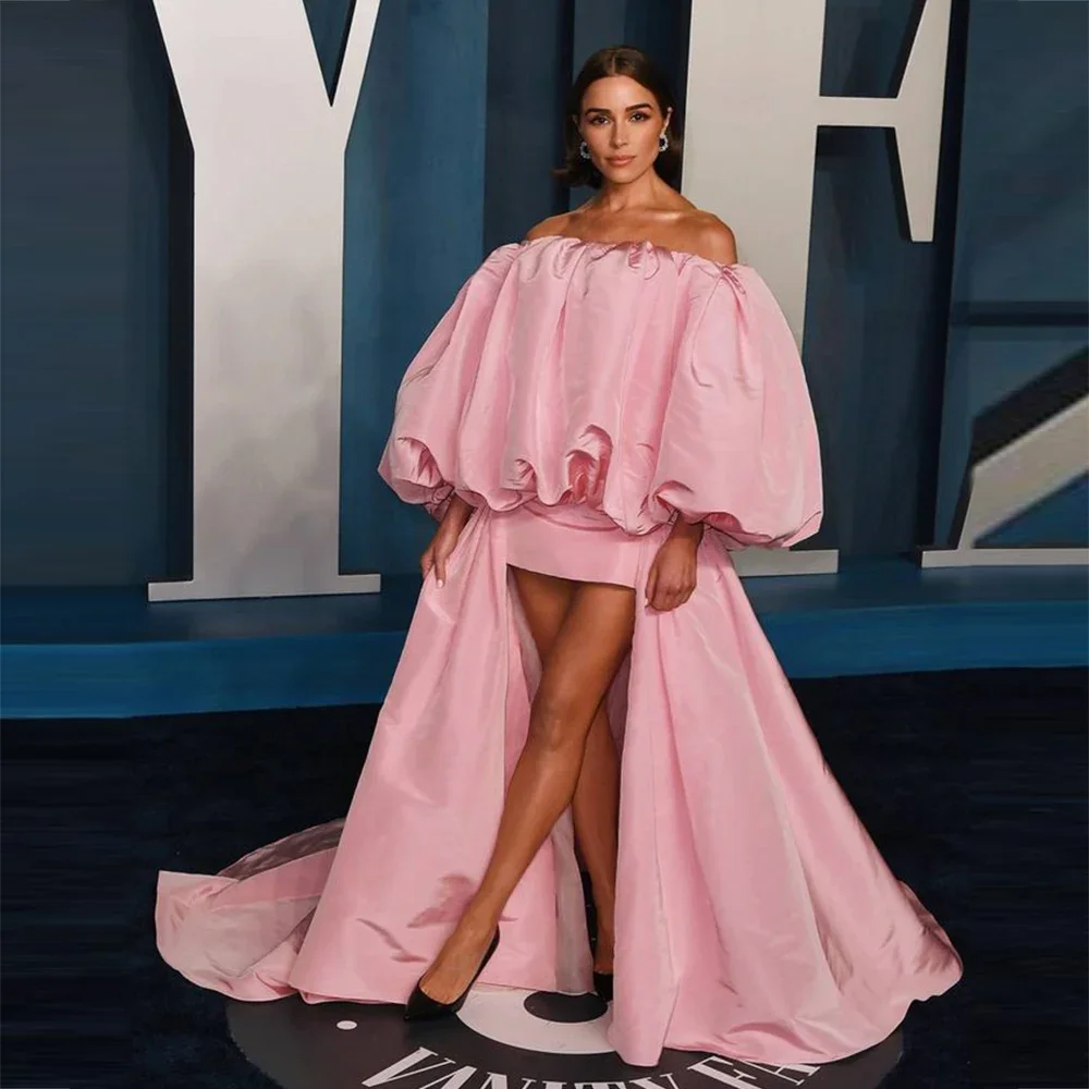 Vestidos de Noche rosas a la moda, altos y bajos, con hombros descubiertos, satén, largo hasta el suelo, vestido de fiesta para mujer, vestido de fiesta para ocasión Formal