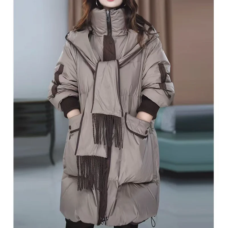 Cold-weather Protection Warm Coat Winter Big Size Cotton Padded Jacket Detachable Hood Puffer Jacket Luxury High-end Parka Scarf